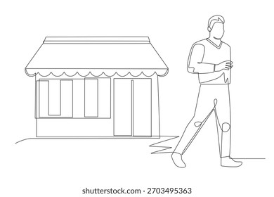 De pie frente a la tienda de concepto de dibujo de una línea