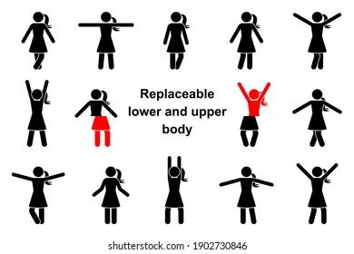 Standing Front View Stick Figure Woman Vector Icon Illustration Set. Raised, Wide Open Hands, Crossed Legs, Replaceable Lower And Upper Body Parts Creation Constructor Sign