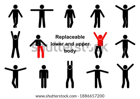 Standing front view stick figure man vector icon illustration set. Raised, wide open hands, crossed legs, replaceable lower and upper body parts creation constructor sign