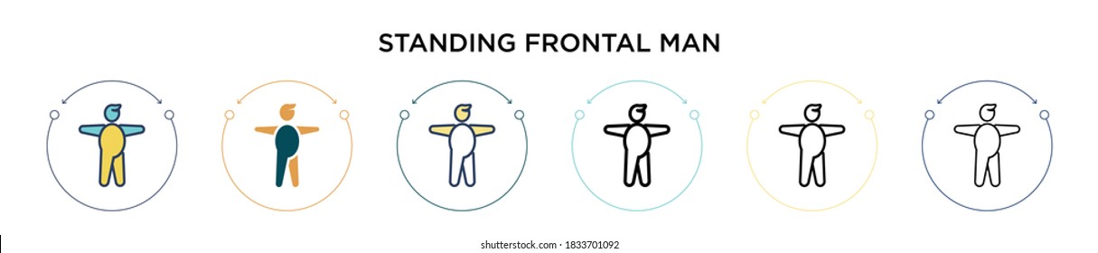 Standing frontal man icon in filled, thin line, outline and stroke style. Vector illustration of two colored and black standing frontal man vector icons designs can be used for mobile, ui, web