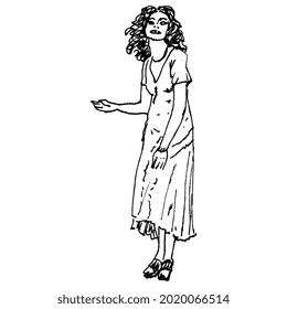 Standing funny disheveled young woman with loose curvy hair in a shabby dress. Pointing gesture. Female portrait. Hand drawn linear doodle rough sketch. Black ink silhouette on white background.