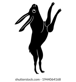 Parando liebre o conejo gracioso. Silueta blanca y negra. Motivo antiguo celta o animal romano.