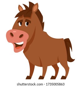 Standing funny stallion. Farm animal in cartoon style.