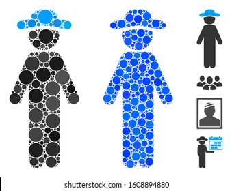 Standing gentleman composition of round dots in variable sizes and color hues, based on standing gentleman icon. Vector round dots are organized into blue mosaic.