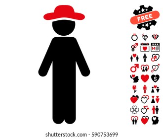 Standing Gentleman icon with bonus amour pictures. Vector illustration style is flat iconic intensive red and black symbols on white background.