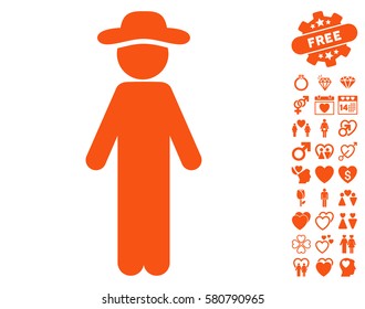 Standing Gentleman icon with bonus passion pictograph collection. Vector illustration style is flat iconic orange symbols on white background.