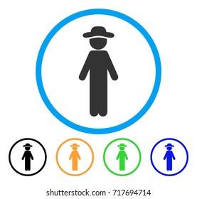 Standing Gentleman icon. Vector illustration style is a flat iconic standing gentleman gray rounded symbol inside light blue circle with black, green, blue, yellow color versions.