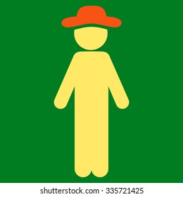 Standing Gentleman vector icon. Style is bicolor flat symbol, orange and yellow colors, rounded angles, green background.