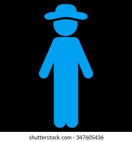 Standing Gentleman vector icon. Style is flat symbol, blue color, rounded angles, black background.
