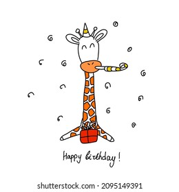 A standing giraffe isolated in a doodle style. Birthday greeting card.