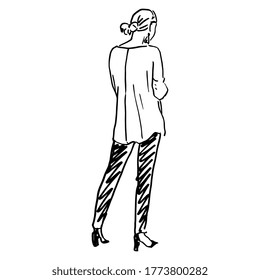 Standing Girl From Back. Young Woman In Fancy Clothes. Lady On High Heels In Pants And Shirt Or Tunic. Hand Drawn Linear Doodle Sketch. Black And White Silhouette.