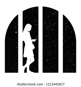 Standing girl at big city window at night. Vector illustration with silhouette of woman with mobile phone under starry sky. Inverted black and white