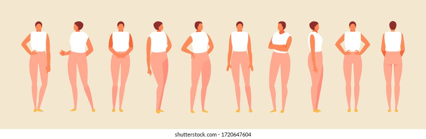 Standing girl character in various positions, front, side and back view. Vector template