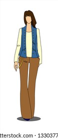 Standing girl with dark hair in a vest, pullover and pants. Vector image isolated.