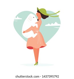 A standing girl holding on hands her dog. Colorful flat vector illustration. Friendship between people and animals
