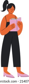 Standing girl reading book. Literature lover character