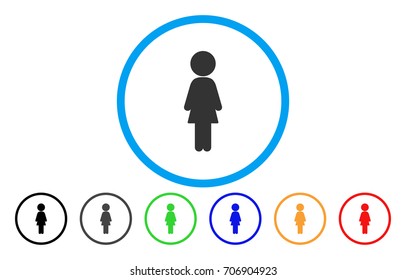 Standing Girl vector rounded icon. Image style is a flat gray icon symbol inside a blue circle. Additional color versions are grey, black, blue, green, red, orange.