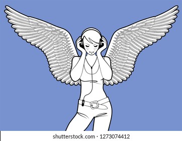 Standing girl with wings and listen to music with head-phones isolated on blue. Linear drawing. Vector illustration