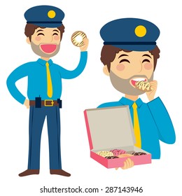Standing gluttony fat policeman eating sweet doughnut holding box