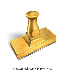 Standing Golden Metal Office Stamp Cliche Vector. Rectangular Business Director Stamp For Signing Contract Or Approval Official Declaration. Layout Enterprise Equipment Realistic 3d Illustration