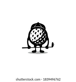 Standing golfball cartoon with stick & hat logo vector. For sport and hobby activity icon. Kid or child brand of golfer club brand design illustration. Young equipment & tools seller supplier brand