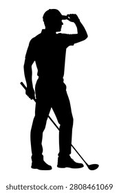 Standing golfer holding driver club observing course during golf game in black silhouette style.