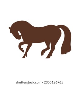 Standing graceful bay horse. Hand drawing of adult racehorse. Noble elegant animal. Purebred mustang beats its hoof. Majestic silhouette of bay stallion. Design idea for stables, farms, horse races.