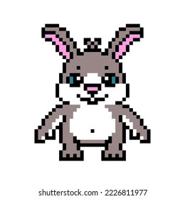 Standing gray rabbit, bunny or hare, cute pixel art character isolated on white background. Old school retro 80s, 90s 8 bit slot machine, computer, video game graphics. Cartoon forest animal mascot.