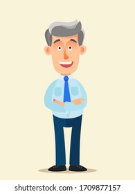 The standing gray-haired man, senior. Smiling adult man with gray hair and arms crossed. Vector illustration, flat design, cartoon style, isolated background.