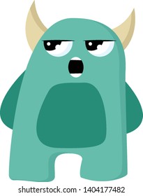 A standing green angry monster with eyes staring upward, with color flesh horn, mouth opened, hands on the back, vector, color drawing or illustration. 