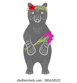 Standing grey bear cartoon animal with flowers in arms, textured fur, hand drawn style. Silhouette of a grizzly with headband wreath laurel card or book design