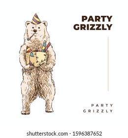 Standing grizzly bear wear and hold party supplies vector design concept