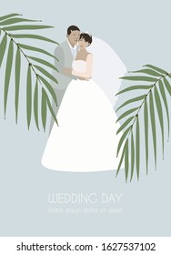 Standing groom hugs the bride in a white wedding dress with veil. Married couple surrounded by palm leaves. Invitation, banner, postcard. The inscription "wedding day". EPS 10