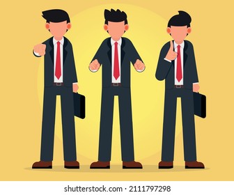 Standing group of business men pointing index fingers at viewer. Selecting talented people concept. Flat style vector illustration isolated on yellow background.