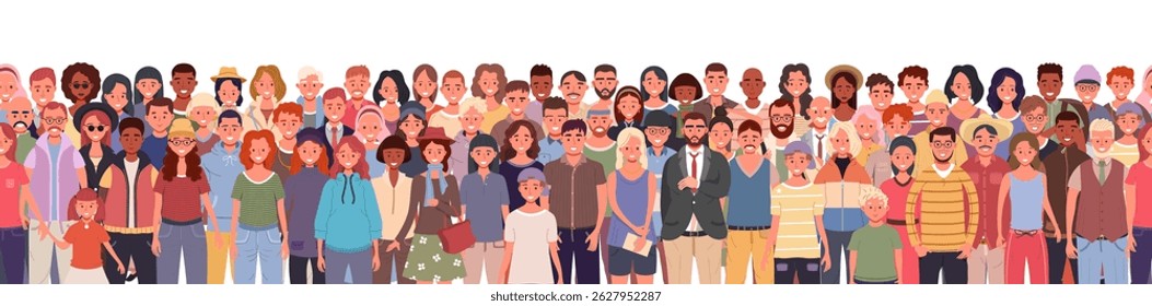 Standing group of people seamless pattern. Including kids, teenagers, adults, and seniors. Men and women, young and old, from different cultures vector illustration
