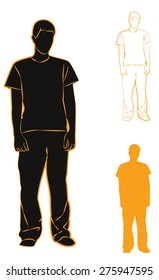 Standing guy. Set silhouettes with orange stroke. Vector illustration