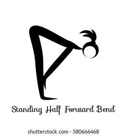 Standing Half Forward Bend, Ardha Uttanasana. Yoga Position. Vector Silhouette Illustration. Vector graphic design or logo element for spa center, studio, poster. Yoga retreat. Black. Isolated.