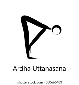 Standing Half Forward Bend, Ardha Uttanasana. Yoga Position. Vector Silhouette Illustration. Vector graphic design or logo element for spa center, studio, poster. Yoga retreat. Black. Isolated.