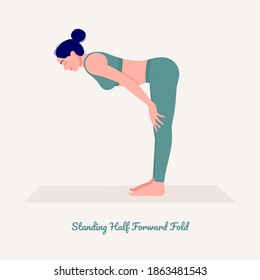 Medio hacia delante. Joven practicando pose de yoga. Las mujeres entrenan en gimnasia, aeróbic y ejercicios. Ilustración vectorial.