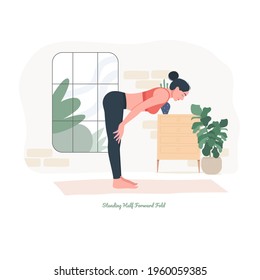 Standing Half Forward Yoga pose. Young woman practicing yoga  exercise. Woman workout fitness, aerobic and exercises. Vector Illustration.