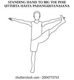 Standing hand to big toe pose yoga workout. Utthita Hasta Padangustanasana. Man doing yoga illustration outline on the white background. Vector illustration