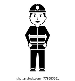 standing happy firefighter worker with uniform and helmet