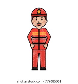 standing happy firefighter worker with uniform and helmet