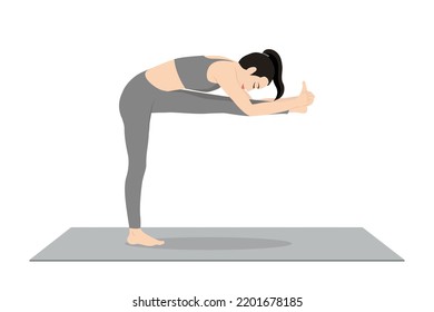 Standing Head To Knee Pose. Beautiful girl practice Dandayamana Janu Sirsasana. Young attractive woman practicing yoga exercise. working out, black wearing sportswear, grey pants and top, indoor full