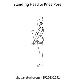 Standing head to knee pose yoga workout outline on the white background. Vector illustration
