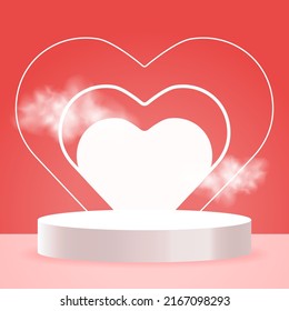 Standing hearts and podium on red pastel background. 3d pedestal for product vector illustration. Scene with glitter glowing heart. Abstract realistic decoration.