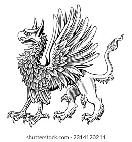 Standing Heraldic Griffin. Ink style engraving vector clipart. All white parts available for coloring.