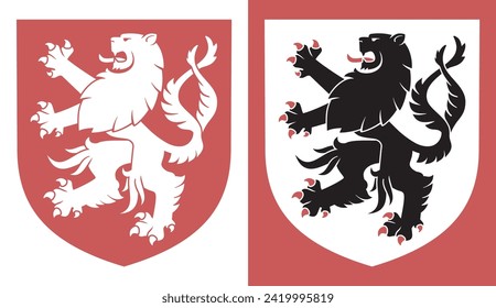 Standing heraldic lion on a shield background. Rampant lion design on light and red backgrounds. Vector Illustration