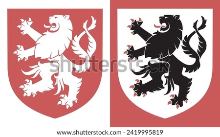 Standing heraldic lion on a shield background. Rampant lion design on light and red backgrounds. Vector Illustration