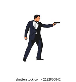 Standing Hitman Holding And Aiming A Hand Gun. Special Agent Or Spy Cartoon. Undercover Cop In A Suit. Detective Vector Illustration.